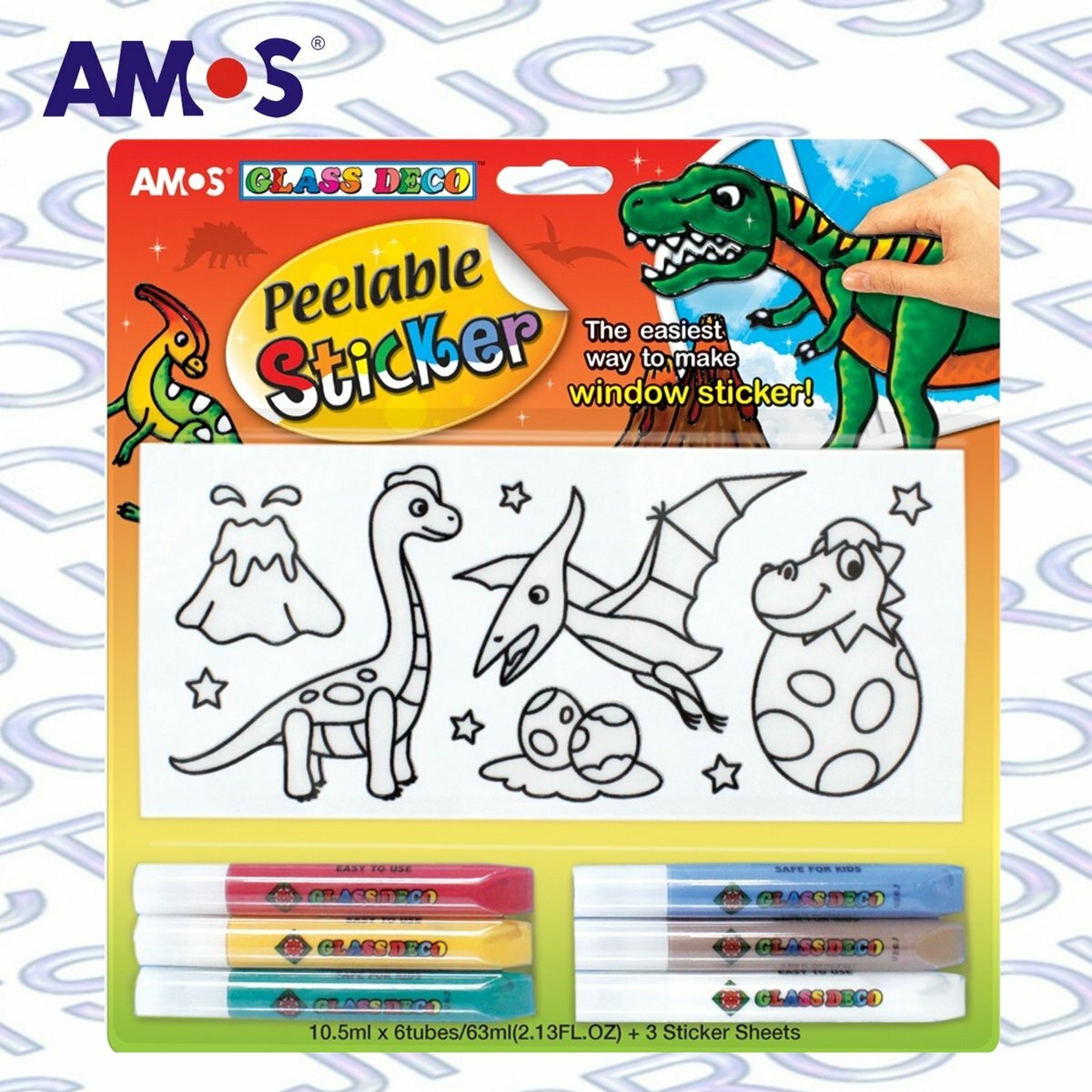 AMOS - 韓國 AMOS 繪畫玻璃彩連可移撕貼紙-D3款, 10.5毫升 x 6色 (吸塑咭裝) #PS10B6-D3《香港行貨》- 1 套