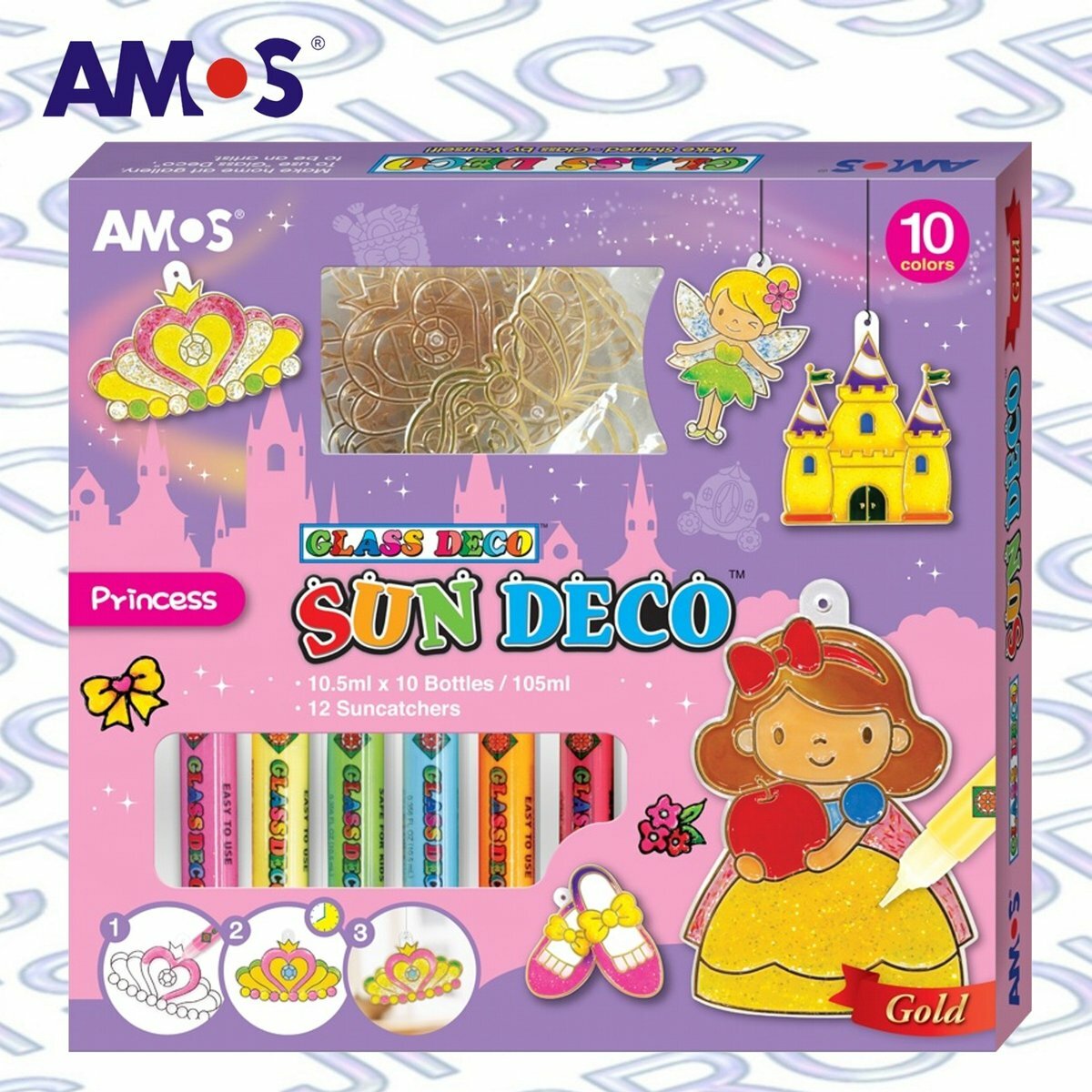 AMOS - 韓國 AMOS 繪畫玻璃彩連掛飾膠牌, 小公主 10.5毫升 x 10色 (大盒套裝) #SD10P10-P《香港行貨》- 1 套