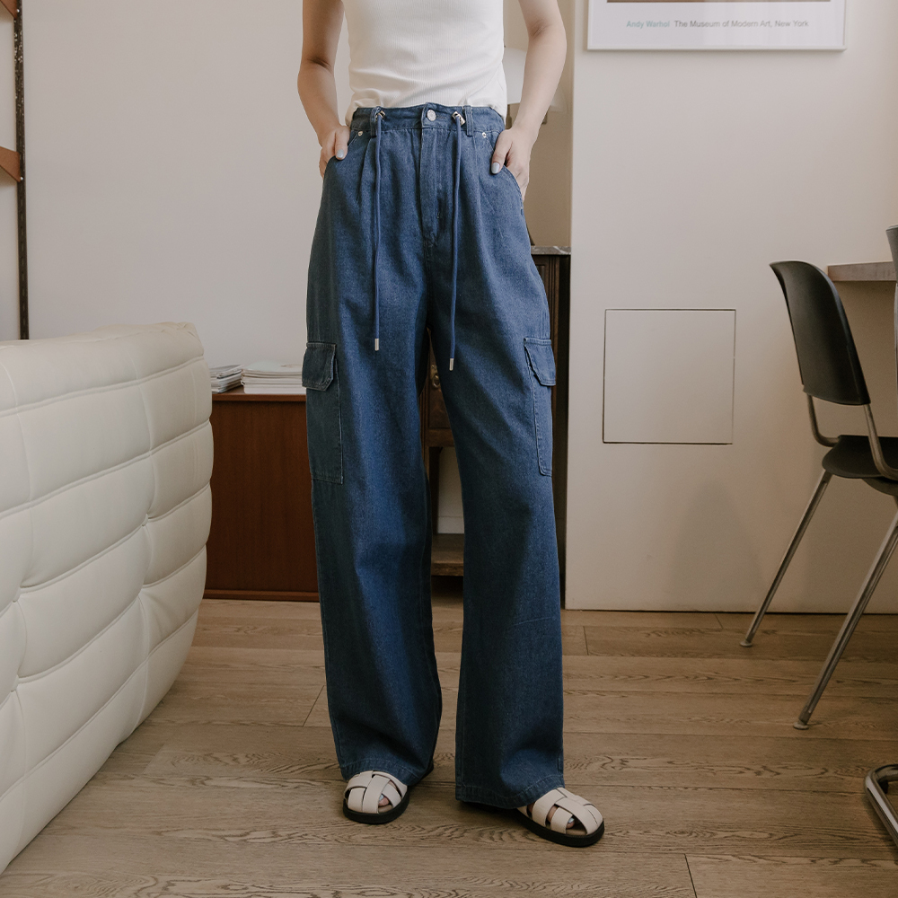 Denim cargo pants with large side pockets and drawstring design S/M【04011712】in stock+pre-order