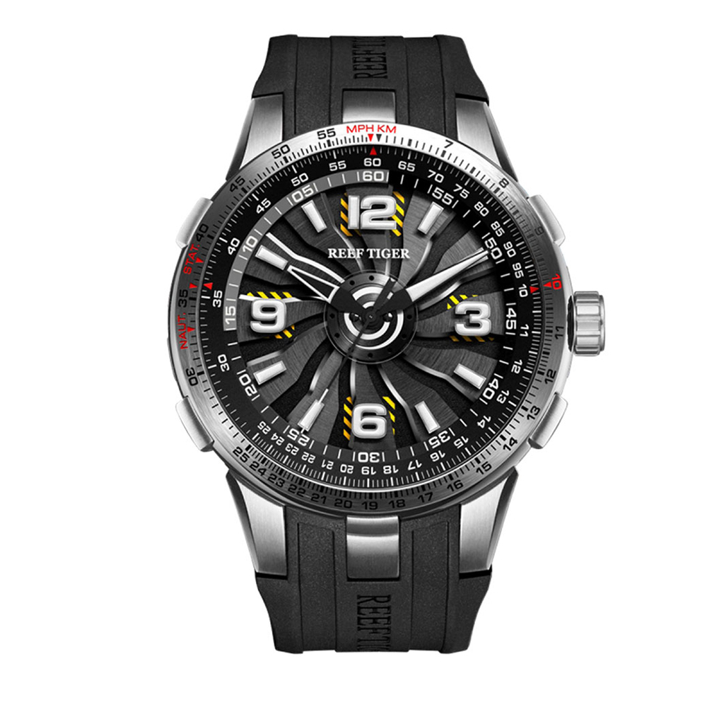 【REEF TIGER 瑞夫泰格】RGA3059-WWB/BBB/YBB 極光系列 時來運轉錶盤 防水100米 親膚矽膠 夜光機械錶