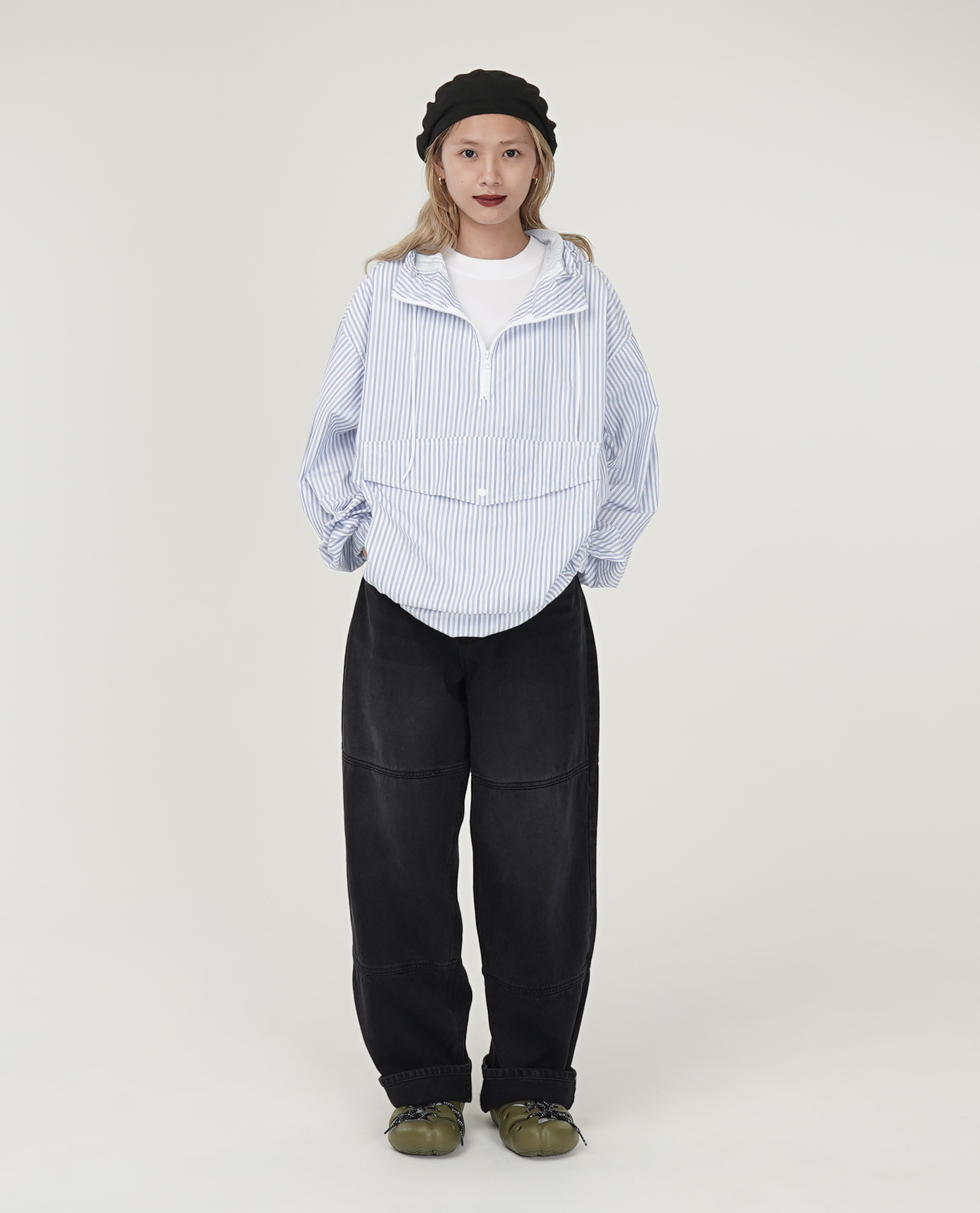 直筒拼接褲管刷色牛仔