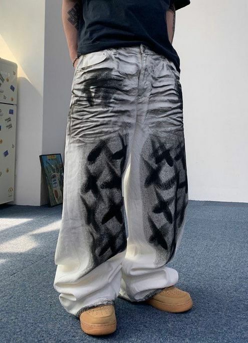 仿污交叉圖案鬆身牛仔褲 PULSE-078P