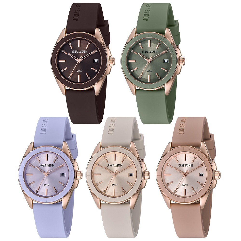 【Jonas Jasmin 喬納斯】JJ-2268L 雅致柔美 氣質玫瑰金亮麗女款 無字帶日期 矽膠石英錶 手錶