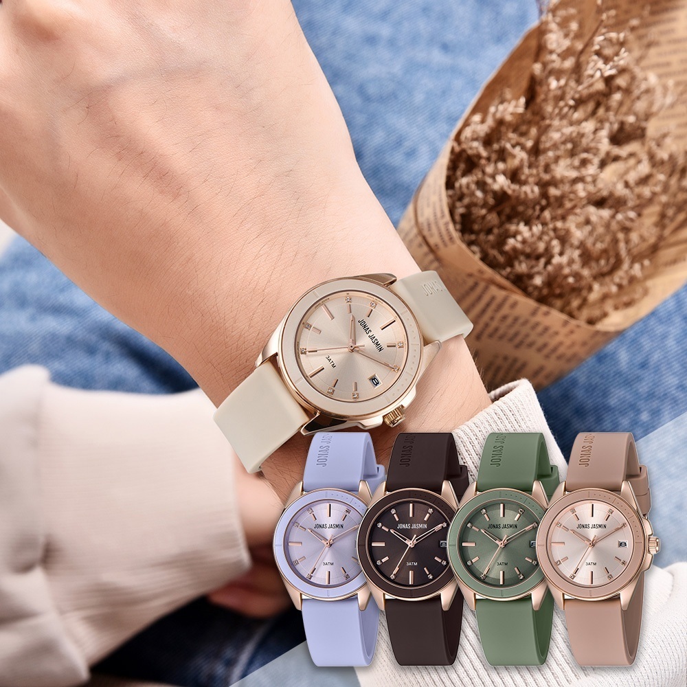 【Jonas Jasmin 喬納斯】JJ-2268L 雅致柔美 氣質玫瑰金亮麗女款 無字帶日期 矽膠石英錶 手錶