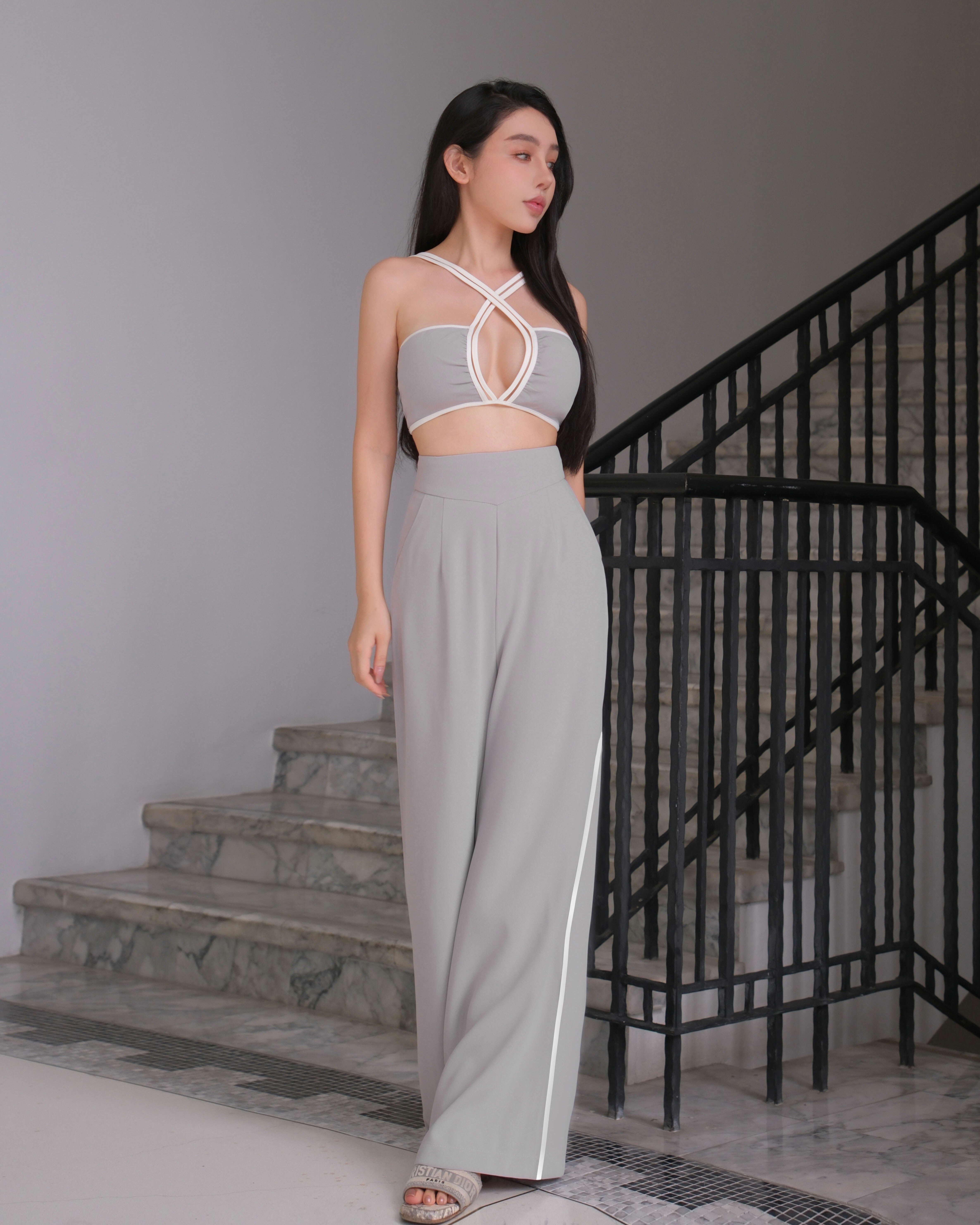 訂製-性感撞色線條鏤空套裝