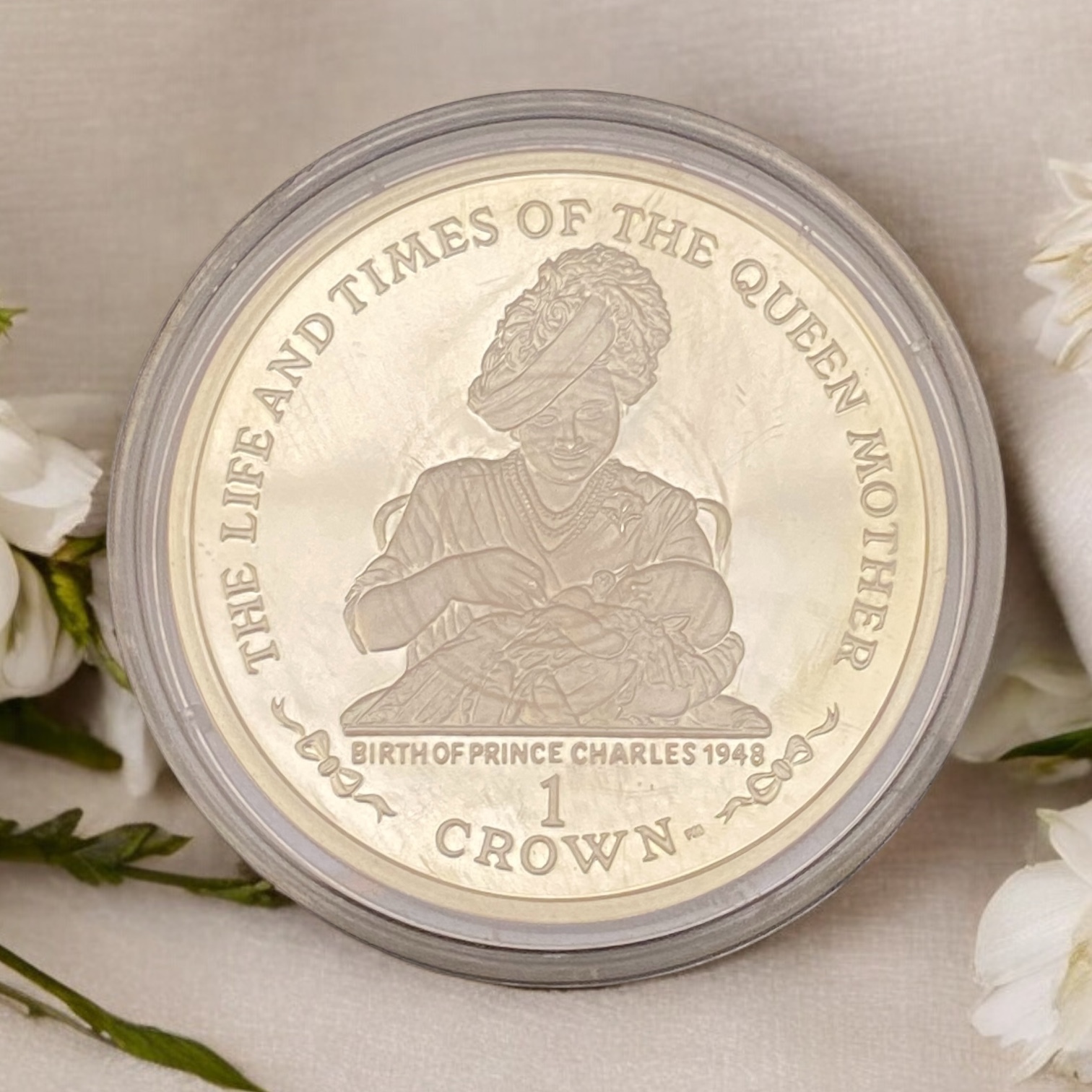 2001 Isle of Man - The Life and Times of the Queen Mother: Birth of Prince Charles 1948, 1 crown silver coin (92.5% silver)