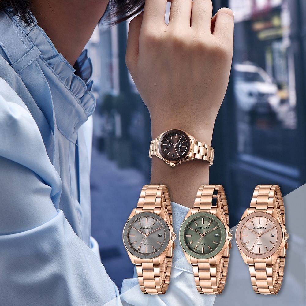 【Jonas Jasmin 喬納斯】JJ-2269L 雅致都市 亮麗晶鑽玫瑰金 帶日期無字時標女款 不鏽鋼石英錶 手錶
