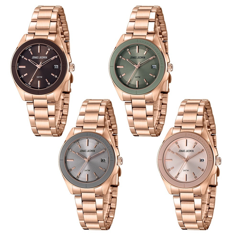 【Jonas Jasmin 喬納斯】JJ-2269L 雅致都市 亮麗晶鑽玫瑰金 帶日期無字時標女款 不鏽鋼石英錶 手錶