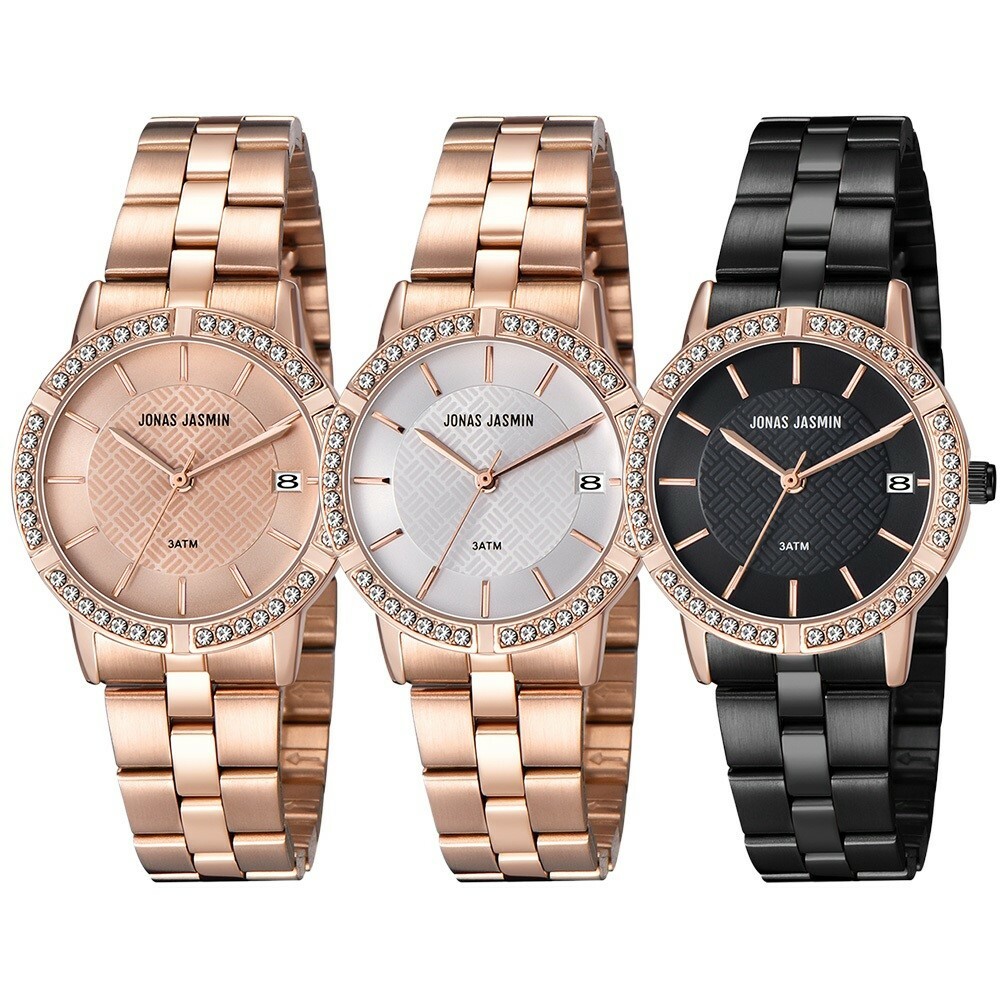 【Jonas Jasmin 喬納斯】JJ-2270L 亮麗晶鑽 時尚優雅 玫瑰金格凌紋 日期無字 女款不鏽鋼石英錶 手錶