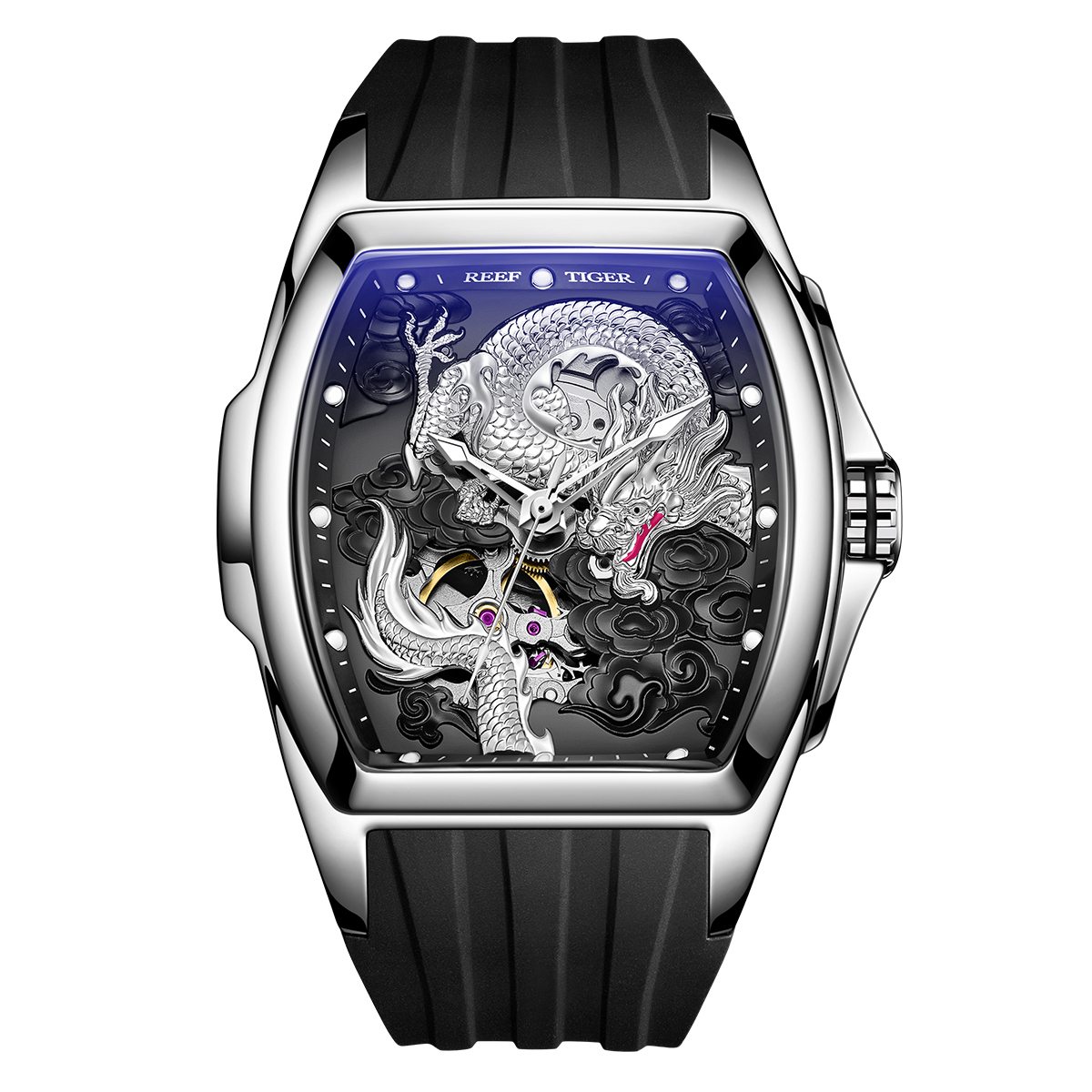 【Reef Tiger 瑞夫泰格】限量版辰龍 RGA3061 酒桶型 浮雕工藝錶盤 動力儲存 鏤空錶蓋 夜光 機械錶