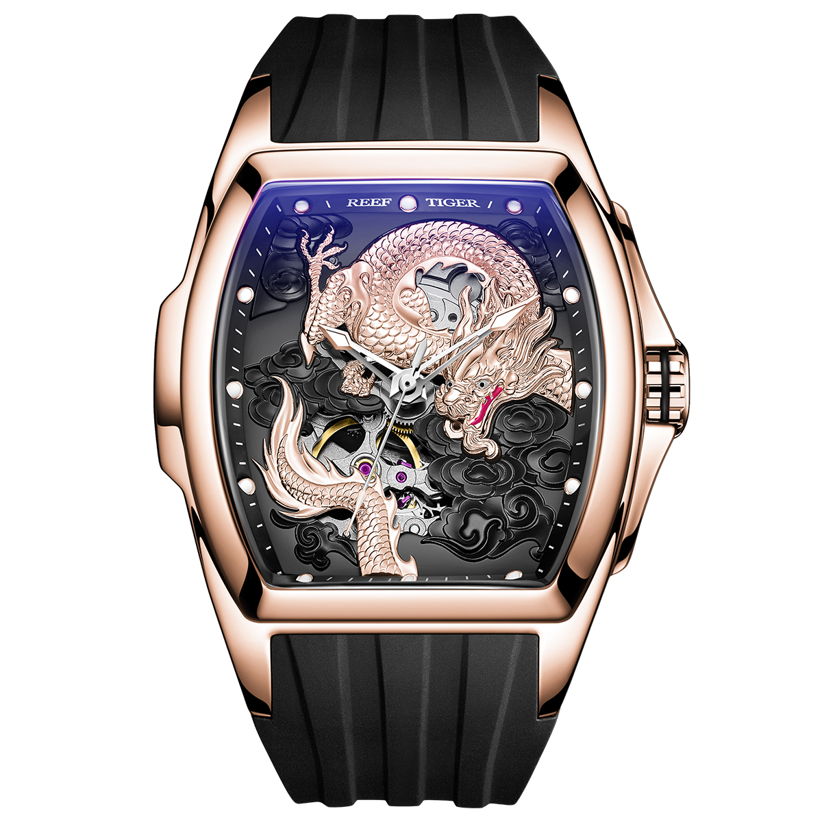 【Reef Tiger 瑞夫泰格】限量版辰龍 RGA3061 酒桶型 浮雕工藝錶盤 動力儲存 鏤空錶蓋 夜光 機械錶