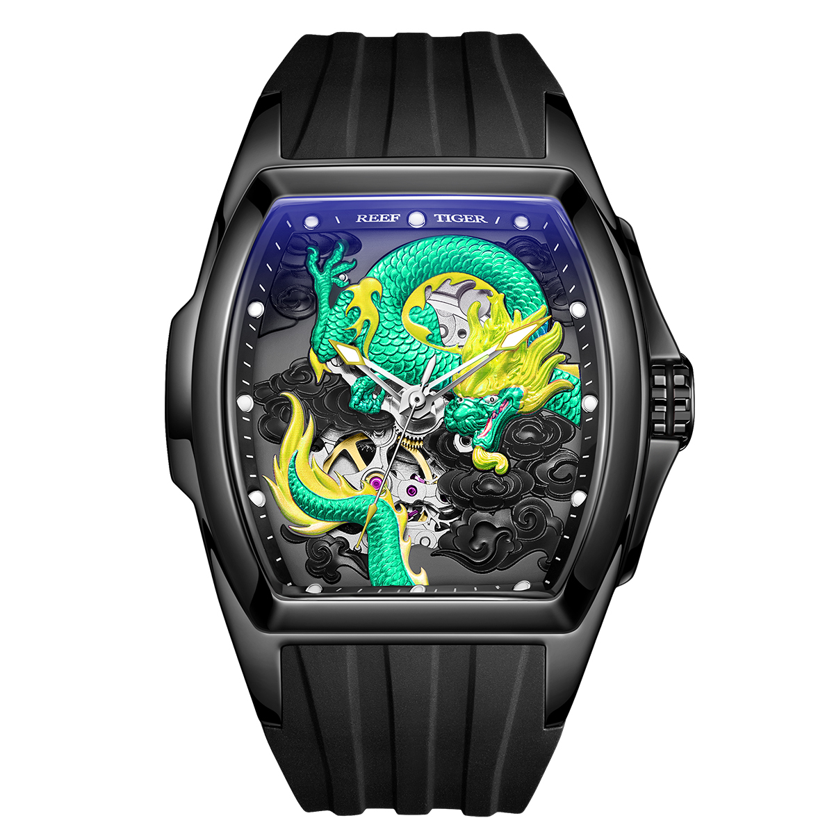 【Reef Tiger 瑞夫泰格】限量版辰龍 RGA3061 酒桶型 浮雕工藝錶盤 動力儲存 鏤空錶蓋 夜光 機械錶