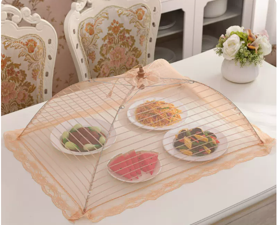 Popular rectangular bold frame vegetable cover household folding cover dining table dust-proof food meal cover (striped light coffee) (size: 70*50CM)