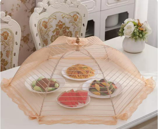 Popular round bold frame vegetable cover household folding cover dining table dustproof food meal cover (striped light coffee) (size: diagonal 80CM)