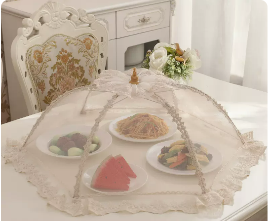 Hot style round thick frame dish cover household folding cover dining table dustproof food meal cover (baishanghuahua) (size: diagonal 80CM)