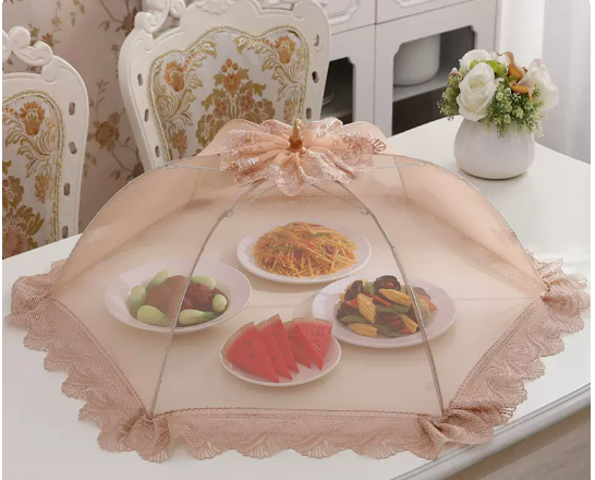 Popular round bold frame vegetable cover household folding cover dining table dust-proof food meal cover (coffee wave) (size: diagonal 80CM)