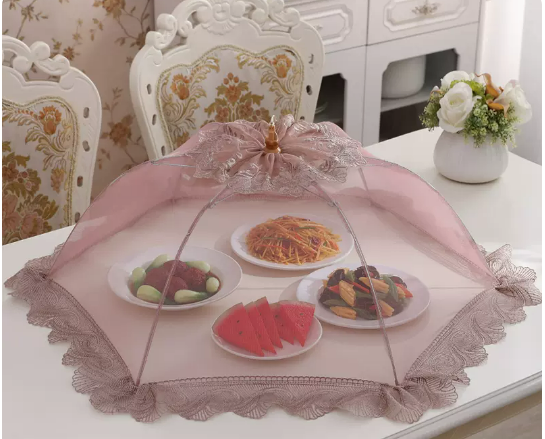 Popular round bold frame vegetable cover household folding cover dining table dustproof food meal cover (purple wavy flower) (size: diagonal 80CM)