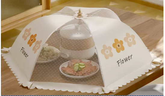 Hot-selling meal cover foldable anti-fly artifact household new dust cover umbrella summer (warm little flower) (size: diagonal 70CM)
