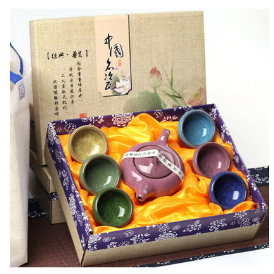 Hot selling ice-cracked glaze kung fu tea set [34 ice-cracked colorful cups rose red teapot including new gift box]