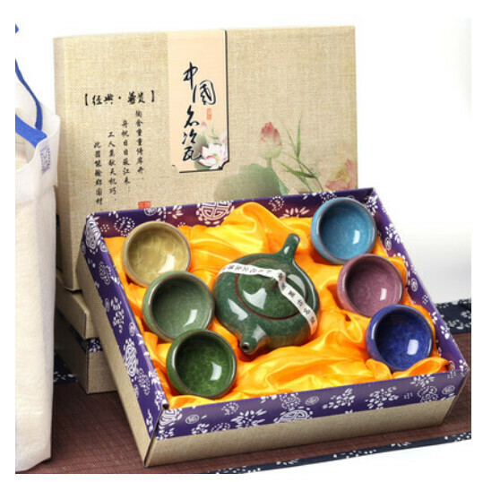 Hot selling ice-cracked glaze kung fu tea set [35 ice-cracked colorful cups dark green kettles with new gift box]