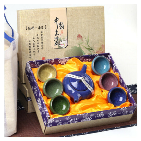 Hot selling ice cracked glaze kung fu tea set [37 ice cracked colorful cups sapphire blue teapot with new gift box]