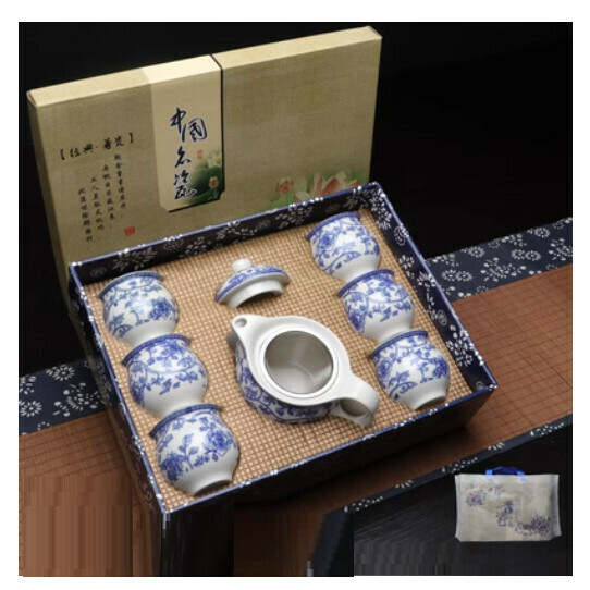 Hot selling double-layered teapot and tea set [D6 blue and white double-layered tea set [gift box]