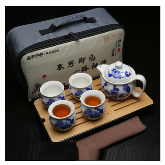 Hot selling double-layered teapot tea set [blue and white peony 5-head dry infusion tray + long travel bag]