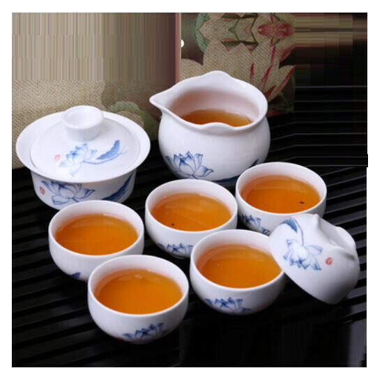Popular 8-head ceramic tureen Kung Fu tea set [8-head white porcelain tureen blue and white porcelain charm [8-head green lotus] Item No. 551]
