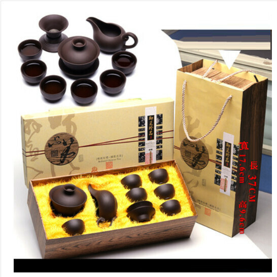Popular purple sand kung fu tea set [original black purple sand [covered bowl] 10-piece gift box]