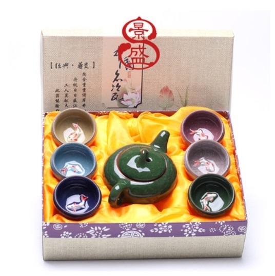 Popular ice cracked teapot, small fish, colorful tea set [ice cracked small fish colorful dark green teapot] [gift box]