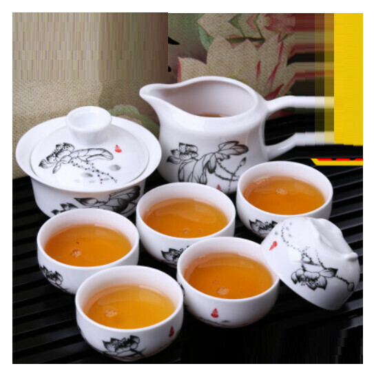 Popular 8-head ceramic tureen kung fu tea set [8-head white porcelain tureen with ink and lotus charm [8-head ink lotus] Item No. 552]