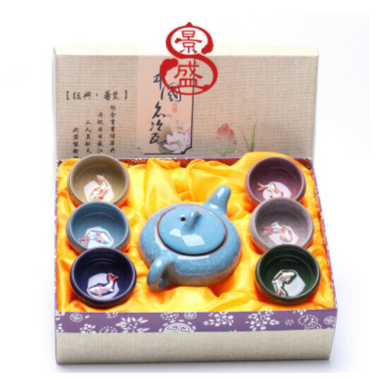 Popular ice cracked teapot, small fish, colorful tea set [ice cracked small fish colorful sky blue teapot] [gift box]