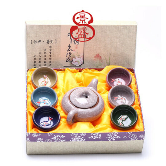 Popular ice-cracked teapot and small fish colorful tea set [ice-cracked small fish colorful crystal white teapot [gift box]