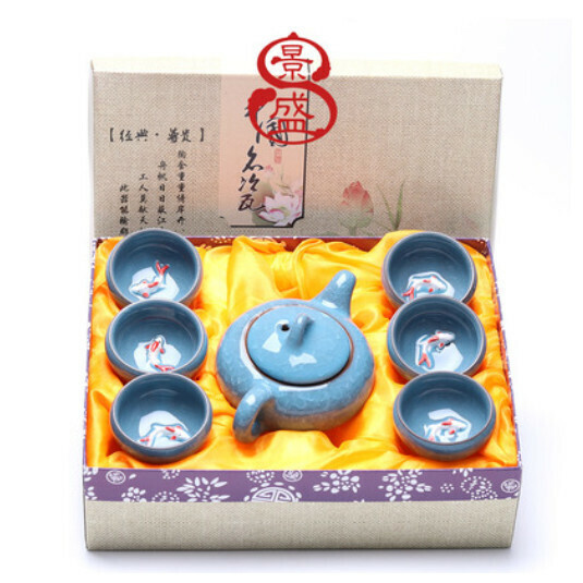 Popular ice cracked teapot, small fish, colorful tea set [ice cracked small fish, solid color, sky blue] [gift box]