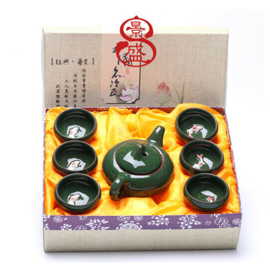 Popular ice cracked teapot, small fish, colorful tea set [ice cracked small fish, solid color, dark green] [gift box]