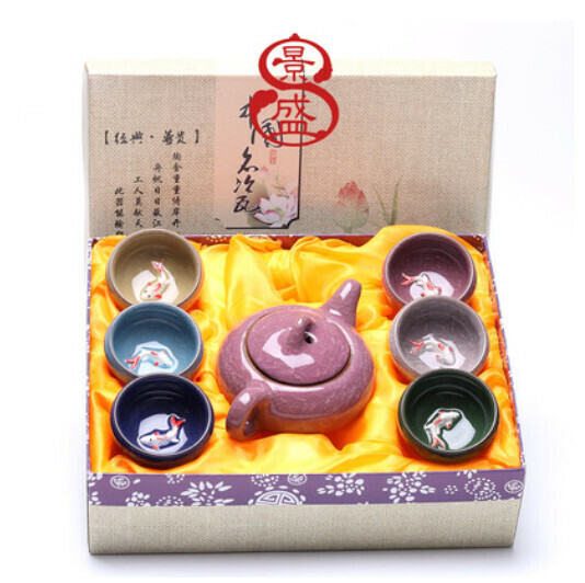 Popular ice cracked teapot, small fish, colorful tea set [ice cracked small fish colorful rose red teapot] [gift box]