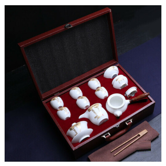 Popular Portable Leather Box Gift Box Mutton Fat Jade Porcelain Kung Fu Tea Set [Golden Lotus Mutton Fat Jade [Free Portable Gift Box]