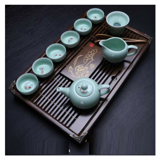Hot style broken water purple clay teapot tea set [A7 celadon small fish 10 heads with tea tray]