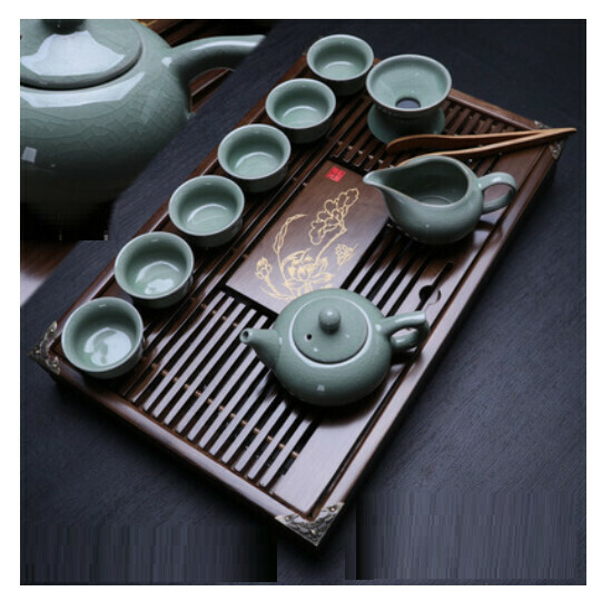 Hot style broken water purple clay teapot tea set [A8 Ge Kiln 10 heads with tea tray]