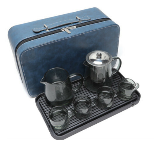 New high temperature resistant transparent glass tea set [A1-black steel lid kettle [4 cups + sea] + plate + blue bag]