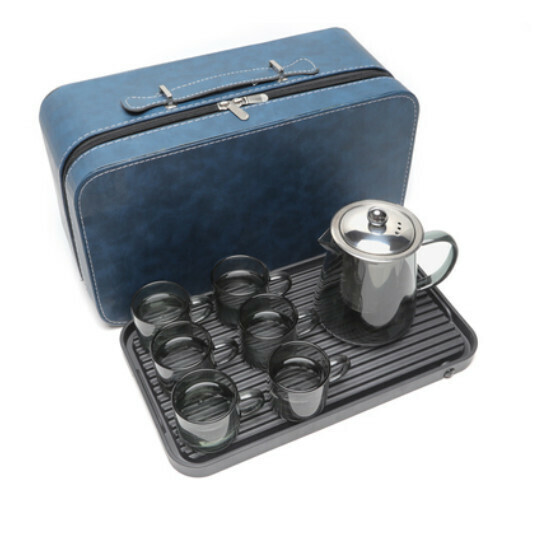 New high temperature resistant transparent glass tea set [A2-black steel lid kettle [6 cups] + plate + blue bag]