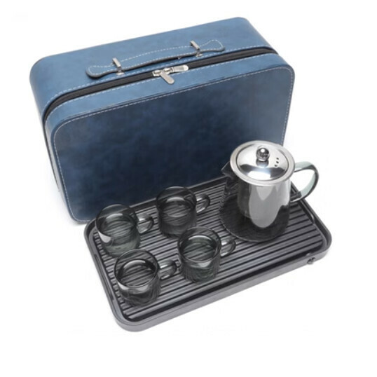 New high temperature resistant transparent glass tea set [A3-black steel lid kettle [4 cups] + plate + blue bag]