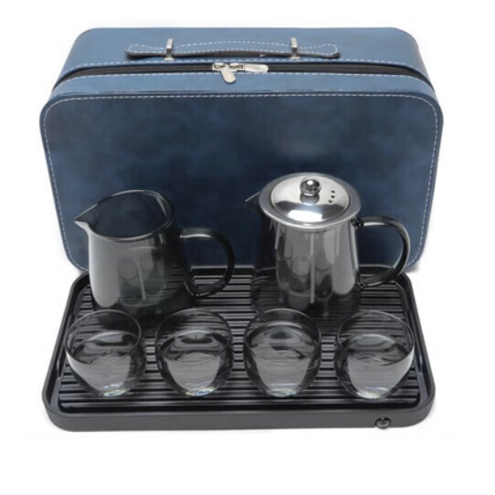 New high temperature resistant transparent glass tea set [A4-black steel lid kettle [4 round cups + sea] + plate + blue bag]