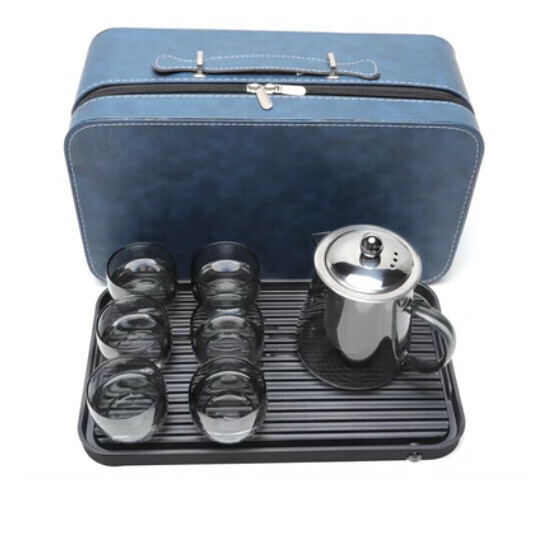 New high temperature resistant transparent glass tea set [A5-black steel lid kettle [6 round cups] + plate + blue bag]
