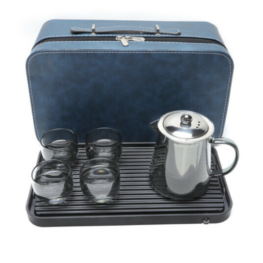 New high temperature resistant transparent glass tea set [A6-black steel lid kettle [4 round cups] + plate + blue bag]