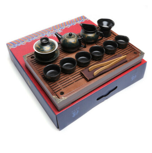 Hot Selling Ceramic Chinese Kung Fu Tea Set [J Solid Wood Tea Tray 11-cup Pot and Bowl Set [Gift Box]