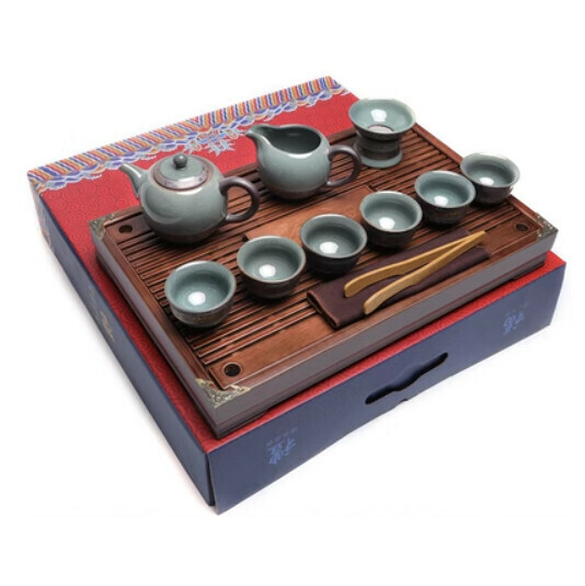 Hot Selling Ceramic Tea Set [D Jinzhu Ge Kiln 10 Pieces [Solid Wood Tea Tray]