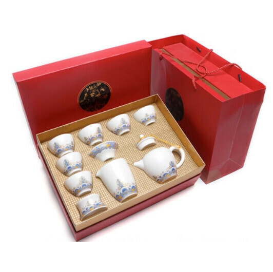 Hot Selling Ceramic French Langcai Kung Fu Tea Set [A Bai Guochao [Teapot 10 Pieces] Gift Box]