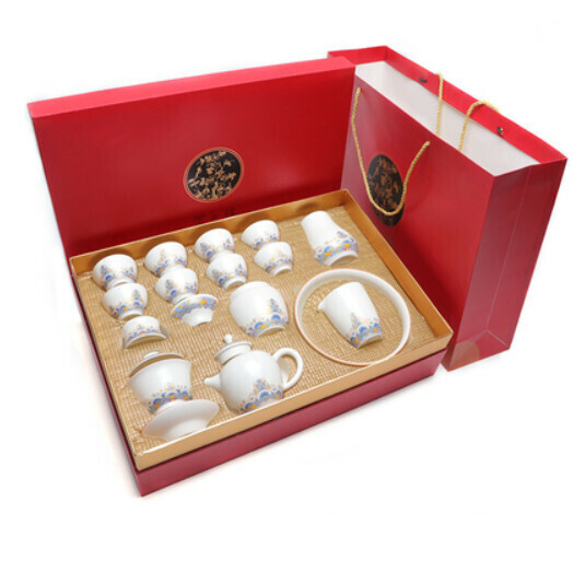 Hot Selling Ceramic French Langcai Kung Fu Tea Set [C Bai Guochao 16-head Teapot + Covered Bowl Gift Box]