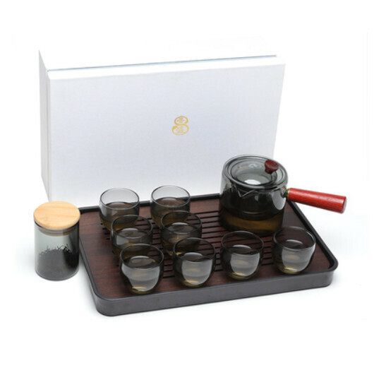 Hot selling thickened heat-resistant and high-temperature glass tea set [A10 ink glass pot [8 round cups + can + tea tray]